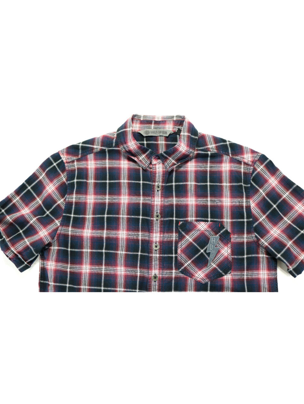 harley davidson plaid shirt M blue white red SS short sleeve button stripes bar